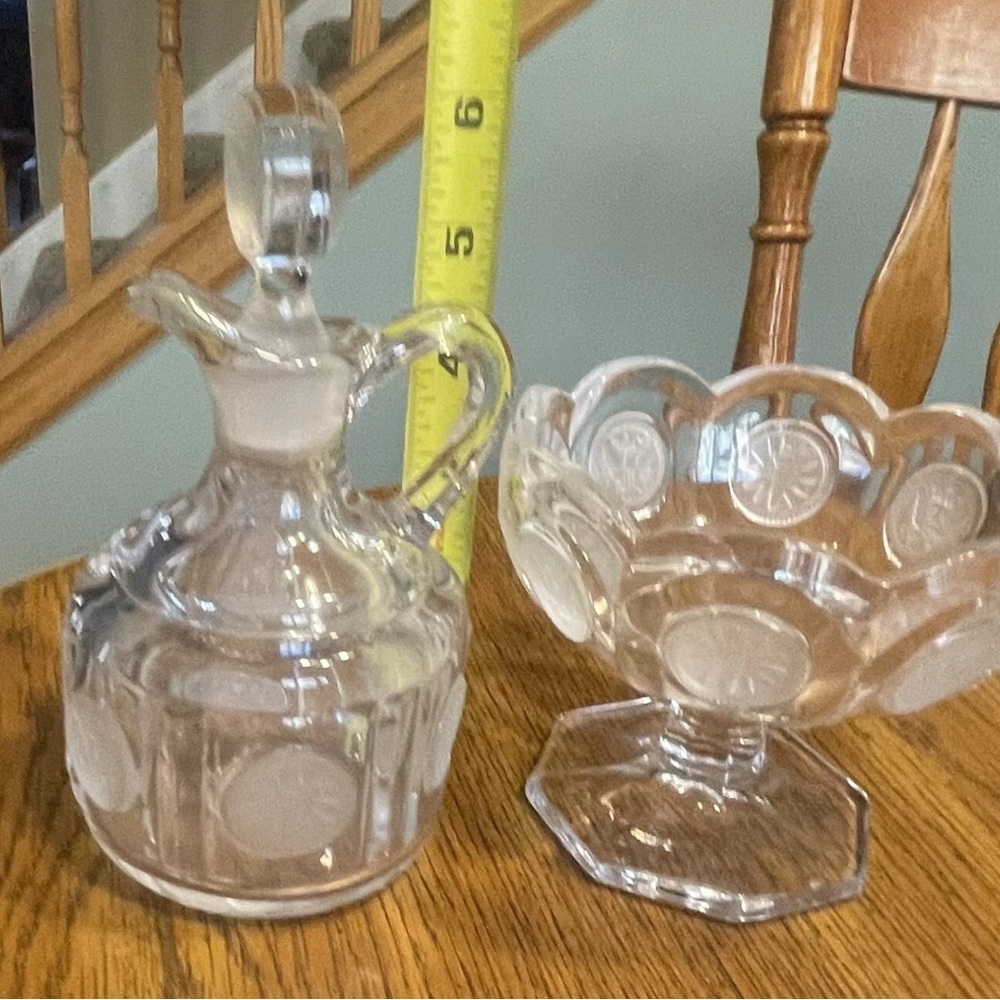 Vintage Fostoria Clear Coin Open Glass Dish Jam Jelly Compote & Cruet w/ Stopper - Picture 4 of 11